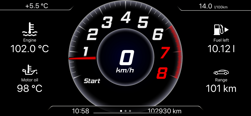 VAG Virtual Cockpit ELM327 OBD - Digital car dashboard interface showing RPM speed and engine oil temperature data