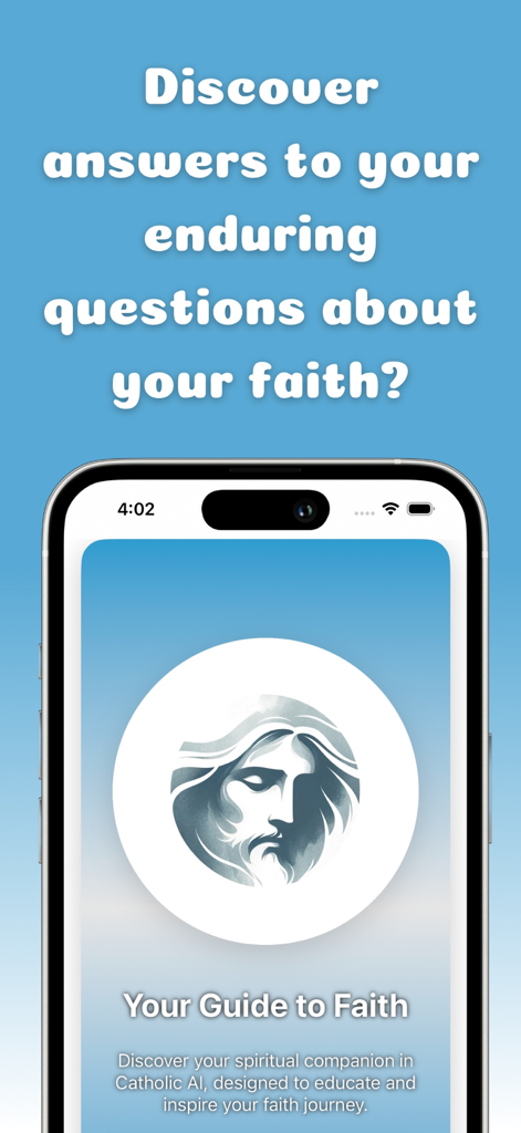Catholic AI - Faith Guide - Introduction screen of the Catholic AI Faith Guide app featuring spiritual guidance text and a religious icon.