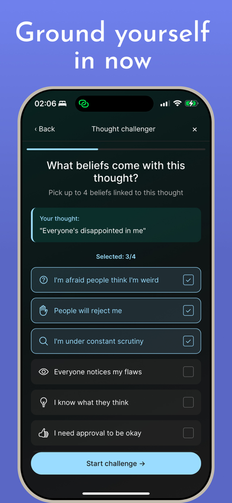 CBT for Beginners - A screenshot of the Thought Challenger feature in the CBT for Beginners app where a user identifies negative beliefs linked to a specific thought.