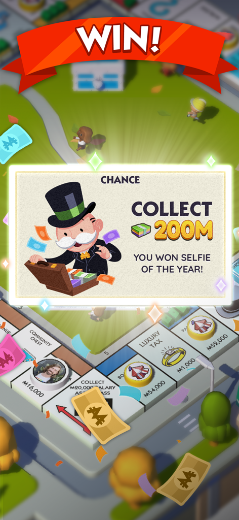 チャンスカードに描かれたミスター・モノポリーが、2億ゲーム内通貨を獲得している様子。