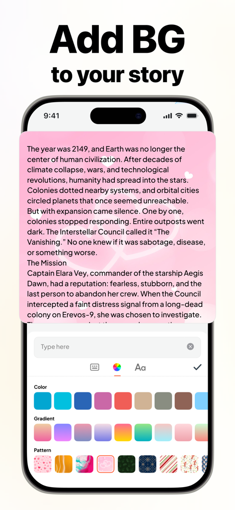 NovelAI | AI Story Generator - Interface do aplicativo NovelAI mostrando opções de personalização de fundo para uma história de ficção científica, incluindo cores, gradientes e padrões.