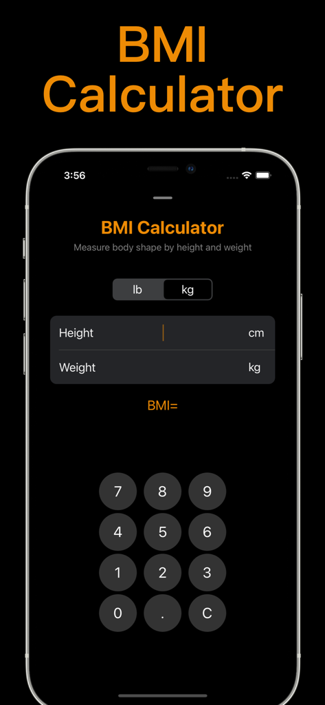 Interface of the BMI calculator feature in the Calculator with History plus app