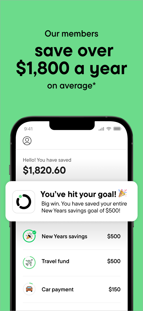 Oportun app interface showing savings goals for travel and car payments with a goal completion alert