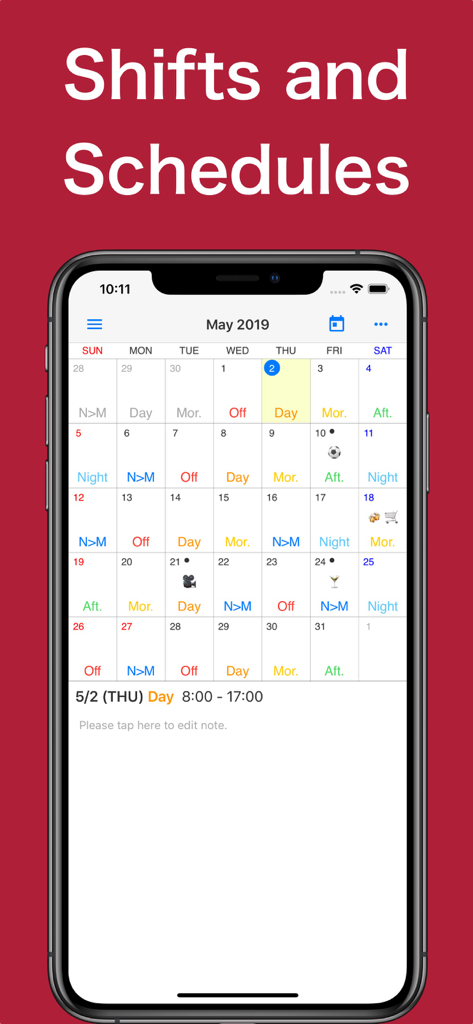 Shift Work Calendar Planner - iPhone displaying the Shift Work Calendar Planner app with a monthly view of color-coded work shifts and emojis.
