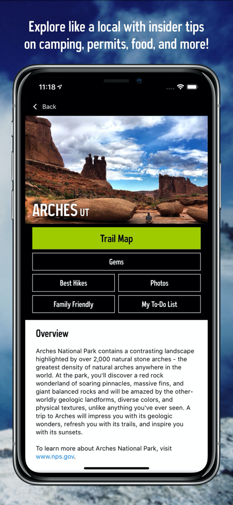 National Park Trail Guide - National Park Trail Guide app interface showing overview and trail maps for Arches National Park in Utah