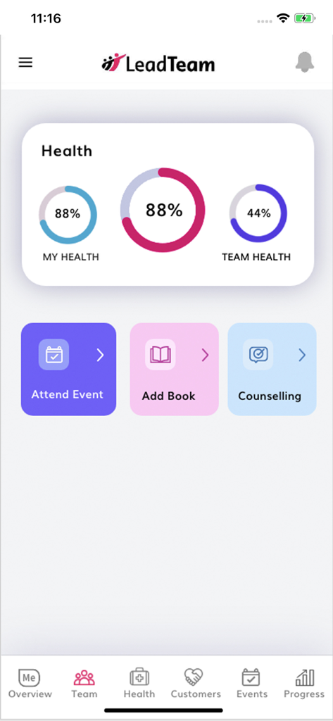 LeadTeam - LeadTeam mobile app dashboard showing individual and team health metrics with quick action buttons for events and counselling.