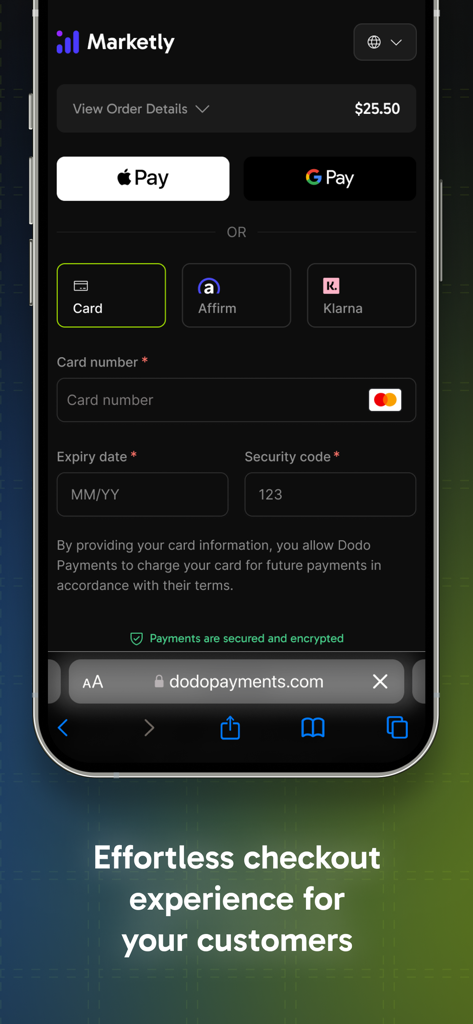 Dodo Payments - Una interfaz de pago móvil que muestra múltiples opciones de pago, incluyendo Apple Pay, Google Pay y campos de tarjeta de crédito.