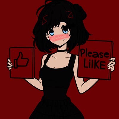 anime girl with crop top  holding a please like sign with a medium sized skirt