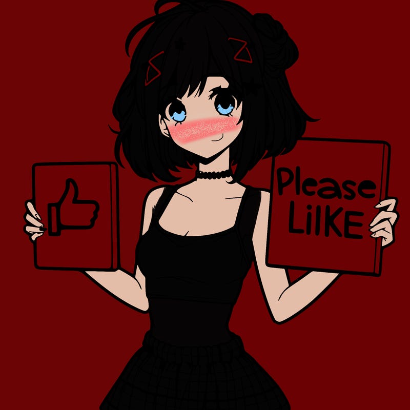 anime girl with crop top  holding a please like sign with a medium sized skirt