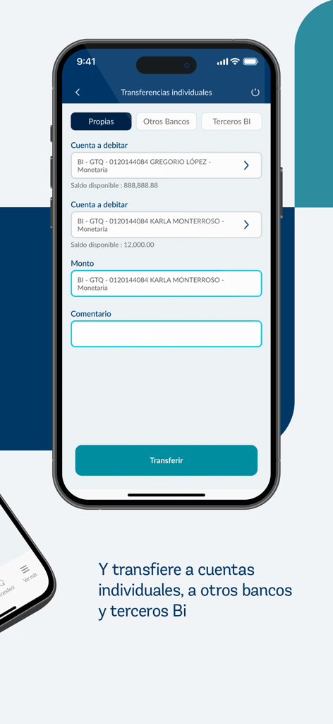 Bi Banking - Interfaz de la aplicación Bi Banking para realizar transferencias individuales a cuentas propias o de terceros.