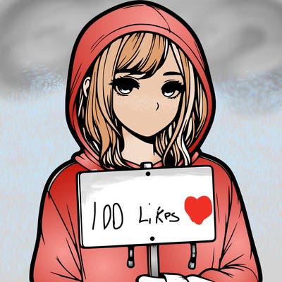realistic girl with shoulder length hair wearing a hoodie holding a sign