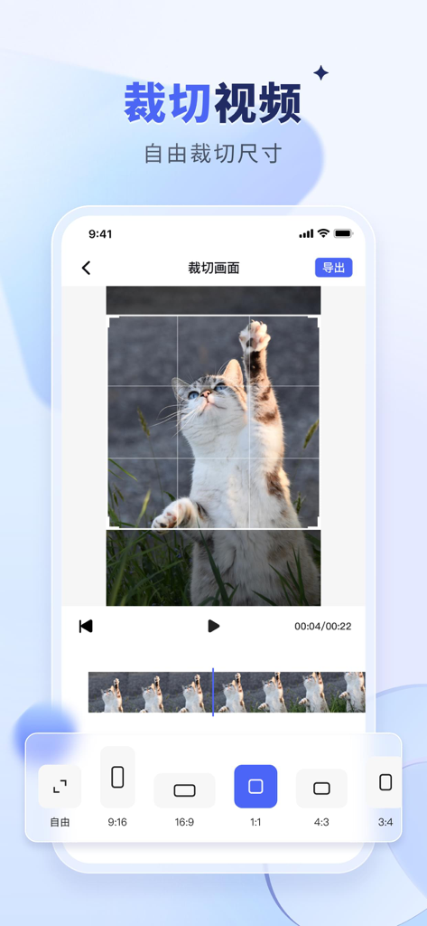 Interface of the Watermark Treasure app showing the video cropping tool with various aspect ratio options for a cat video