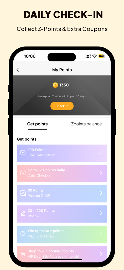 ZAFUL - My Fashion Story - デイリーチェックイン機能とZポイント獲得方法が表示されたZAFULアプリの画面