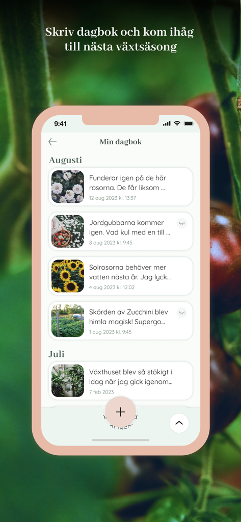 Ein Smartphone-Display, das das digitale Tagebuch der Oh!Garden-App mit Fotos und Notizen verschiedener Pflanzen aus der Gartensaison anzeigt.