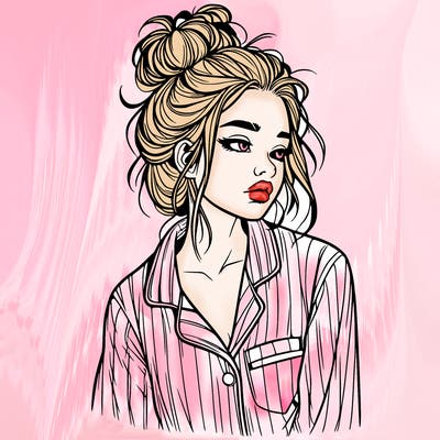 realistic woman with pajamas on and a messy bun