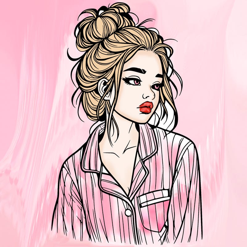 realistic woman with pajamas on and a messy bun