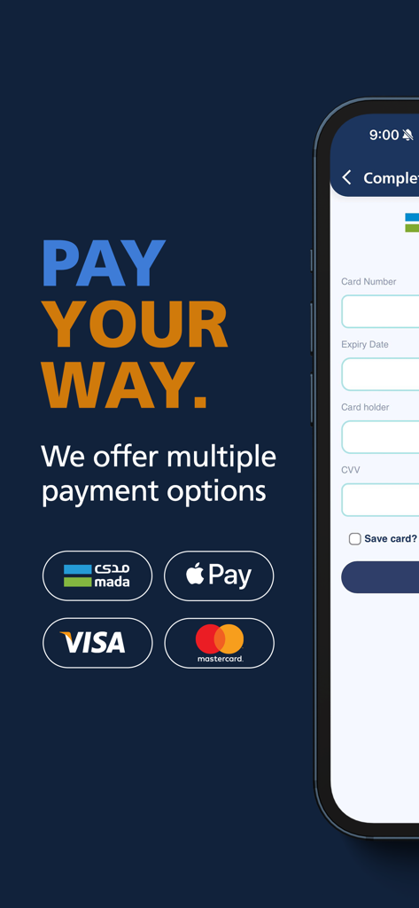 Jawahr - Domestic workforce - Jawahr mobile app payment screen showing options for Mada, Apple Pay, Visa, and Mastercard