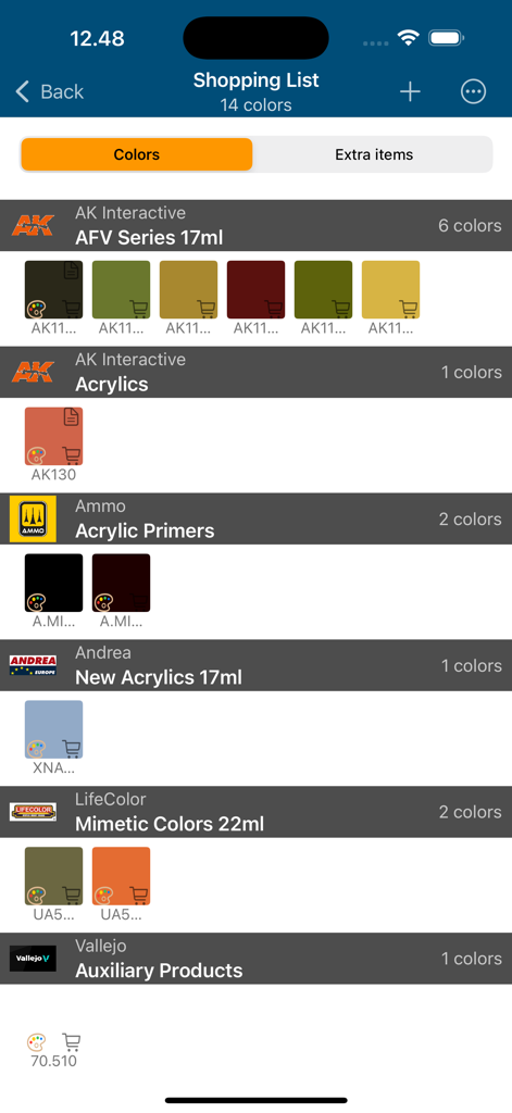 Una schermata della lista della spesa nell'app Model Colors che mostra vari colori per hobby organizzati per marca.
