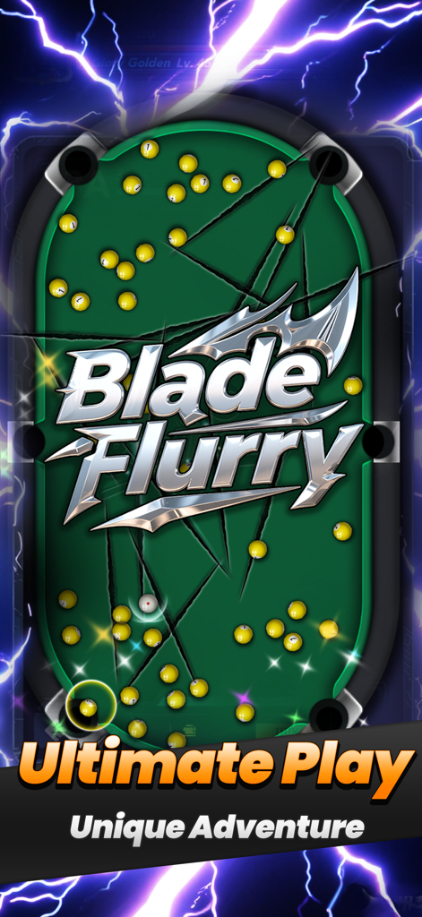 DailyPool-3D 8 Ball Pool - DailyPool-3D 8 Ball Pool Blade Flurry mode gameplay featuring a cracked table and lightning effects.