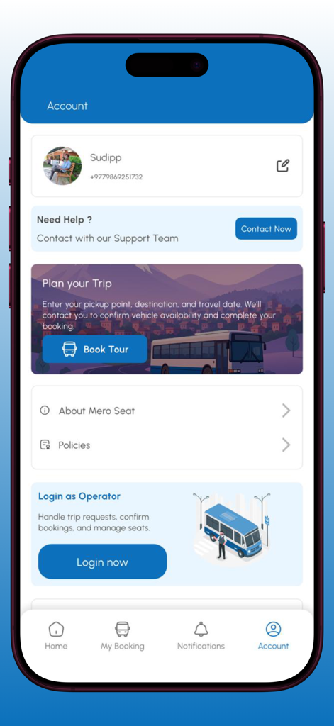 Mero Seat - The account profile screen of the Mero Seat app showing user details and trip booking options