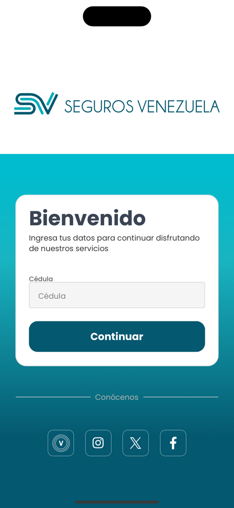 Login screen of Seguros Venezuela medical app with ID number input field and continue button