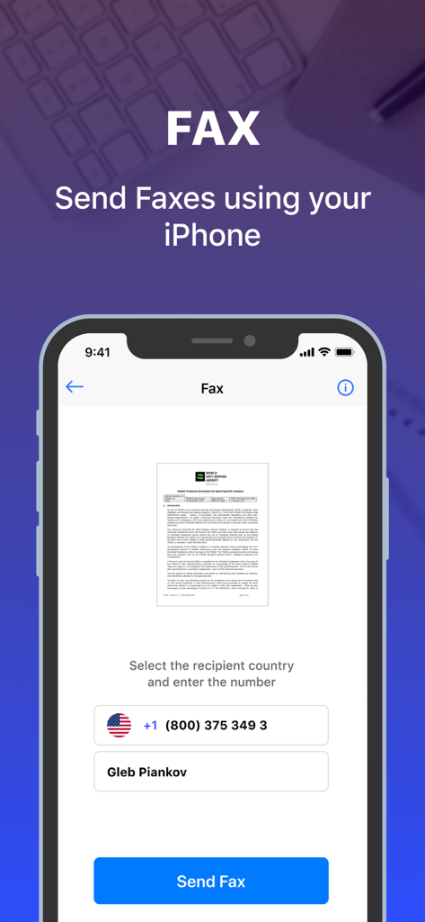 Smartphone screen displaying the fax feature of a PDF scanner app to send documents