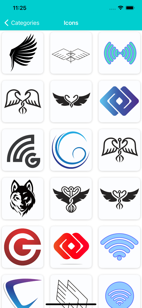 Logo Maker - Create Design - Uma seleção de vários ícones de logo, incluindo símbolos de asas, formas abstratas e gráficos de animais na interface do aplicativo.