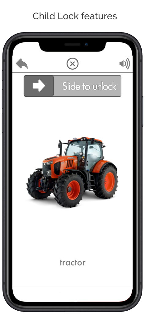 Flash Cards App Learn English - Tela do iPhone mostrando um flashcard de trator com um deslize para desbloquear o recurso de trava para crianças