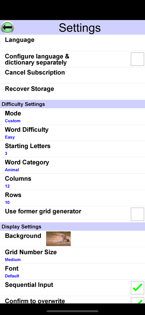 Codeword Unlimited + - Settings menu of the Codeword Unlimited puzzle game showing options for language, difficulty level, grid size, and display preferences.