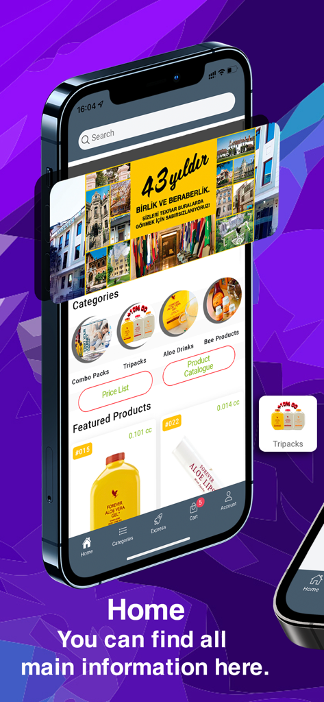 Home screen of the Forever Shop mobile app showing product categories and featured items