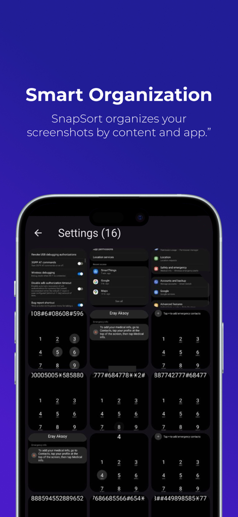 SnapSort app interface showing the smart organization feature with screenshots categorized under settings.