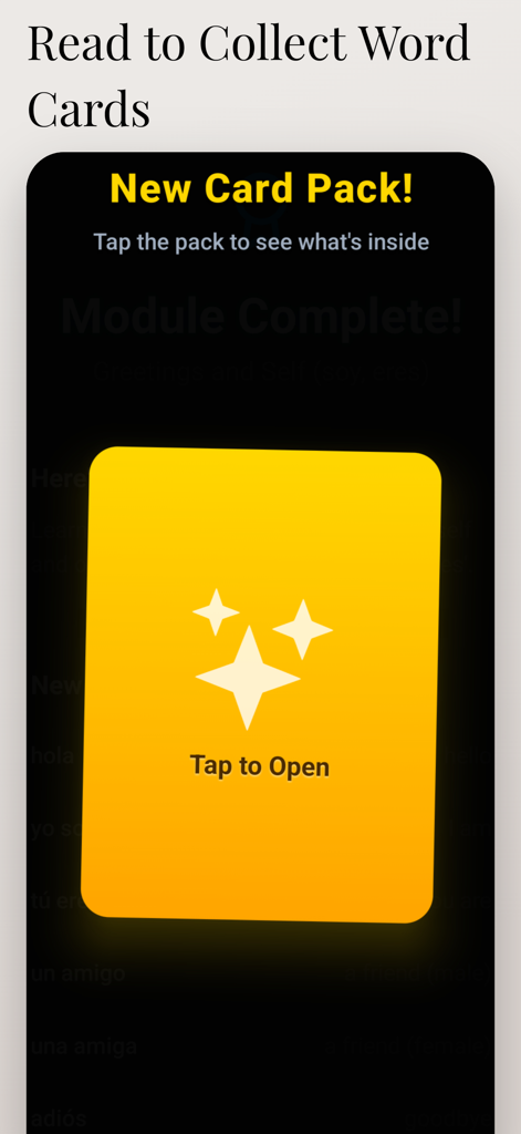 Inklingo: Spanish Stories - Interface mostrando um novo pacote de cartas de palavras colecionáveis pronto para abrir no aplicativo Inklingo