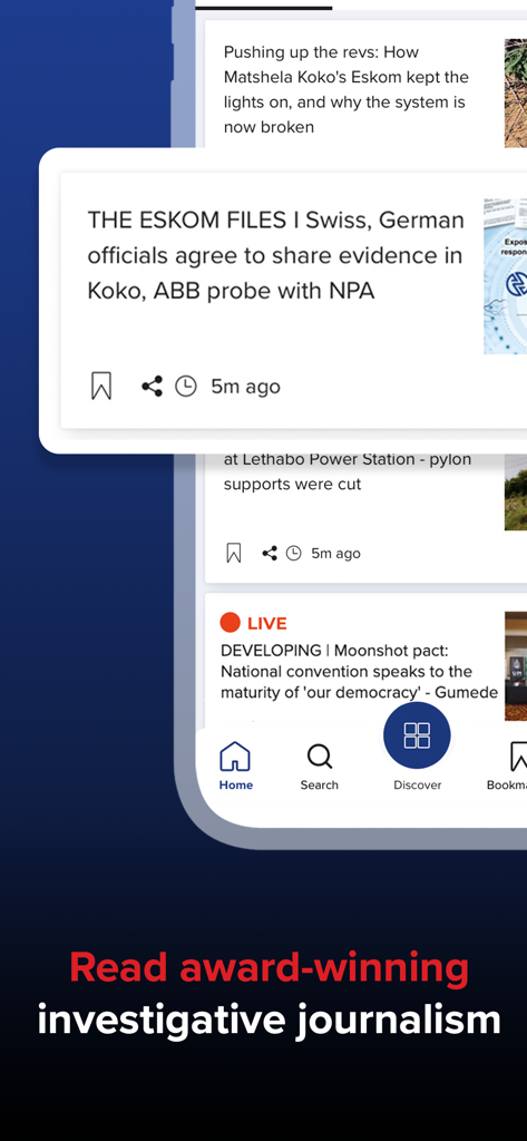 News24: Trusted News. First - News24 mobile app interface showcasing investigative journalism articles and a live news feed.