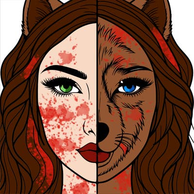 split face realistic woman and wolf