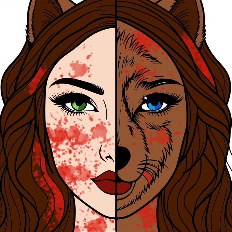 split face realistic woman and wolf