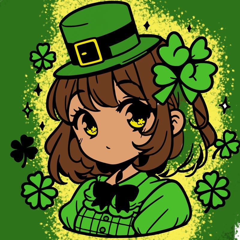 a manga-style girl with clovers around her, a little hat in her hair, like it's saint patrick's day