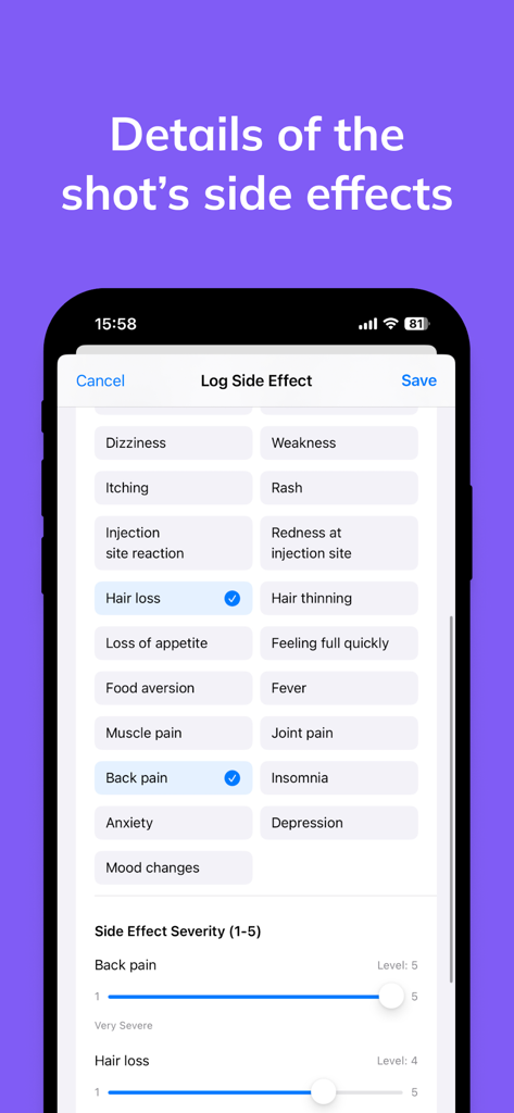 Wellive - GLP-1 Care AI - Wellive mobile app screen for logging and rating the severity of GLP-1 medication side effects like back pain and hair loss