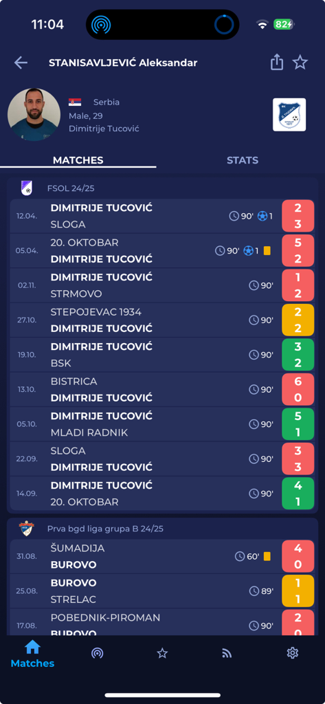 Player profile screen in the FSS Live app showing match history and statistics for a Serbian football player.