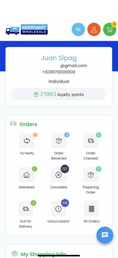 MM Wholesale - User account dashboard in MM Wholesale app displaying loyalty points and order statuses