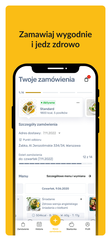 Uno schermo di smartphone che mostra l'app Kuchnia Vikinga per la gestione degli ordini e i dettagli dell'abbonamento a pasti sani.