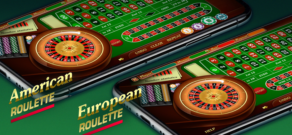 Gameplay of Roulette Casino Diamond showing American and European roulette tables on two mobile devices.