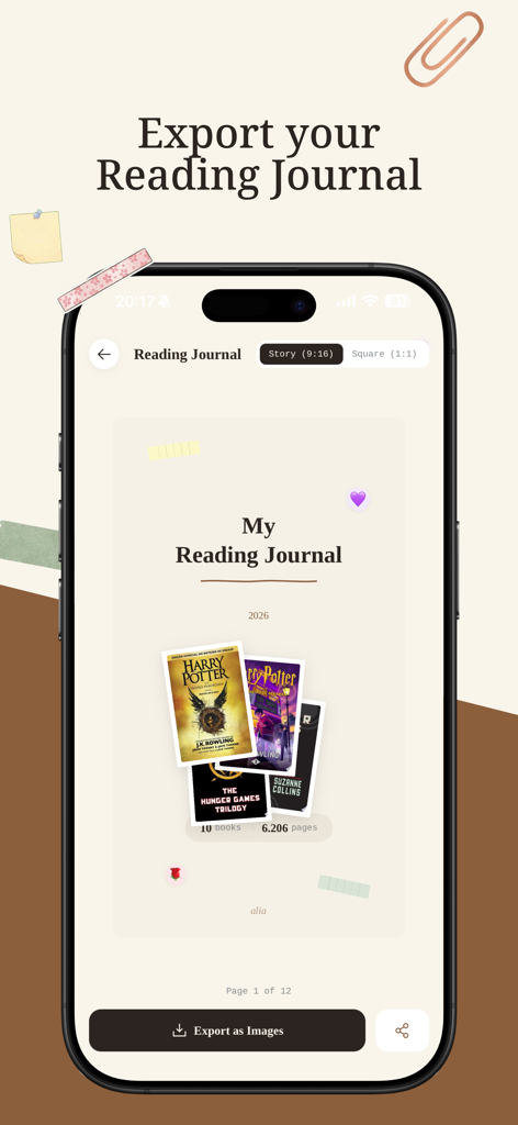 Book Tracker & Journal - Alia - Aesthetic export screen of the Alia reading journal app featuring a book cover collage and annual reading stats.