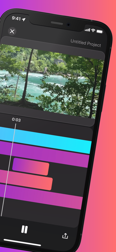 iPhone interface showing a video editing timeline with multiple audio tracks and a preview
