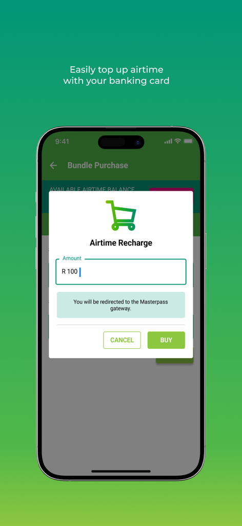 Old Mutual Connect - Old Mutual Connect app screen showing the airtime recharge popup with a 100 Rand amount input
