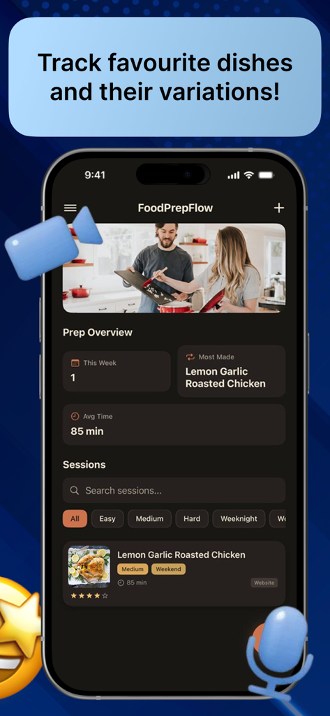 Minichat:FoodPrepFlow - FoodPrepFlow app dashboard showing meal preparation statistics and a list of tracked cooking sessions.