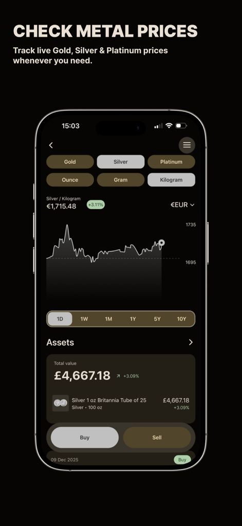Interfaz de la aplicación GoldCore que muestra precios de plata en vivo y un gráfico de rendimiento
