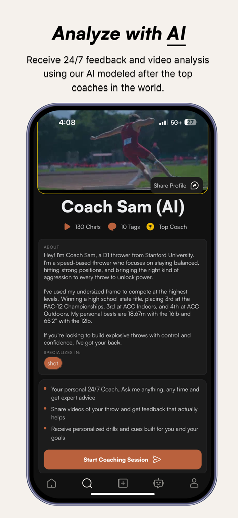 Throws Club - Throws Club app screen showing AI coach profile for shot put technique analysis