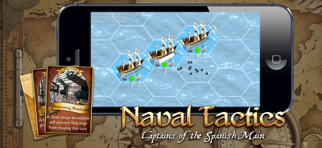 Naval Tactics - Gameplay screenshot of Naval Tactics showing sailing ships on a hexagonal grid with tactical ship cards