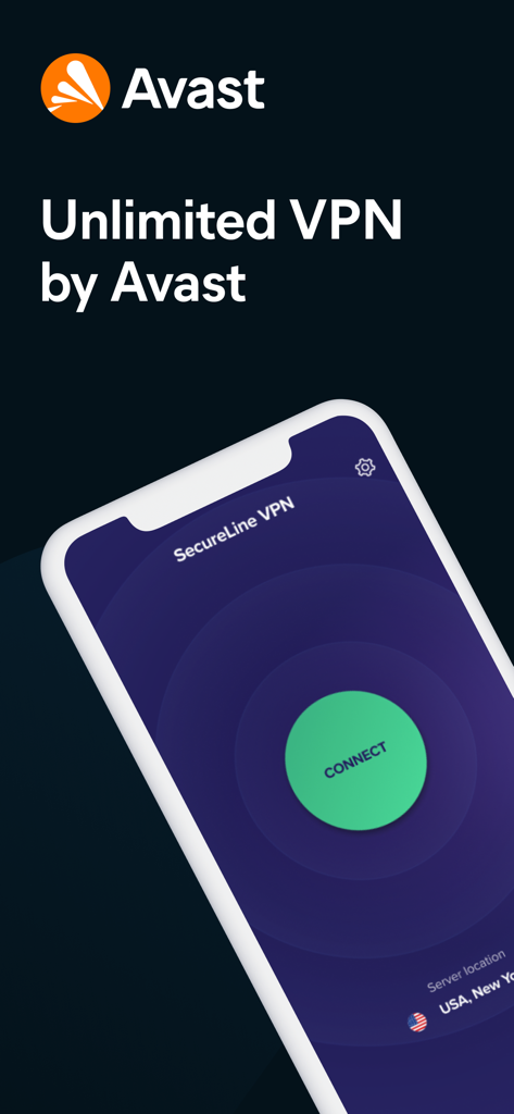 Avast Secureline VPN app interface on a mobile phone with a green connect button