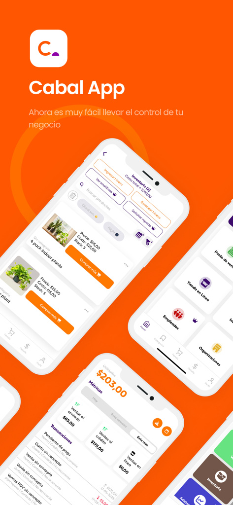 Cabal app screens showing sales tracking and inventory for small businesses